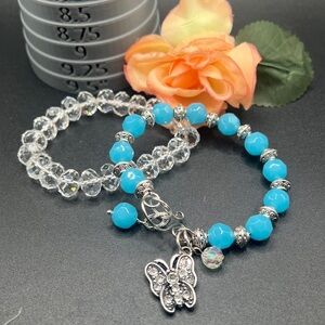 Silver/Blue Bangle Beaded Bracelet with Butterfly and Clear Stretch Bracelet Set